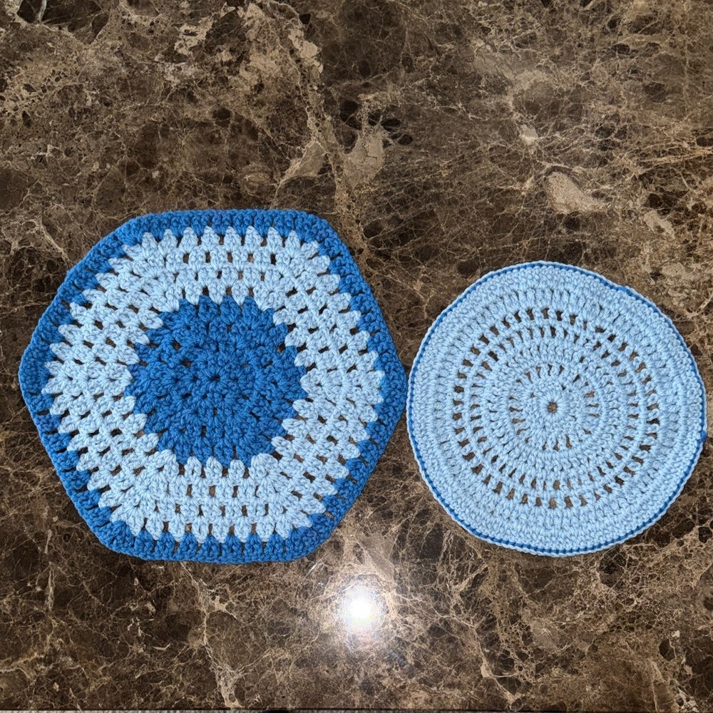 Vintage Handmade Boho, Set of 2 Crochet Coaster/Doilies/Trivet, Blue